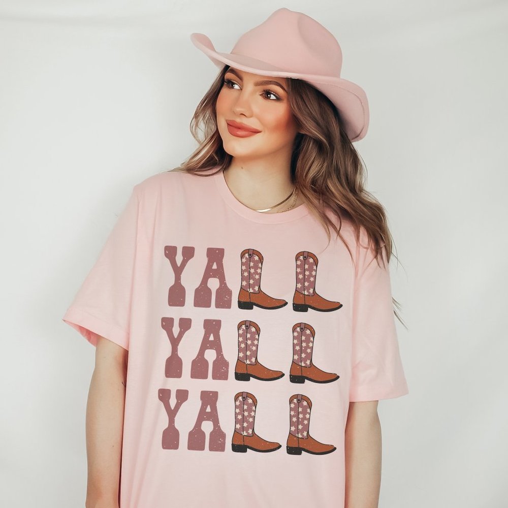 Yall Yall Yall Dusty Pink Cowboy Cowgirl Western Boot Pink T shirt